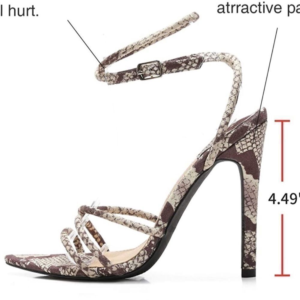 Snakeprint pointy toe wrap around heels